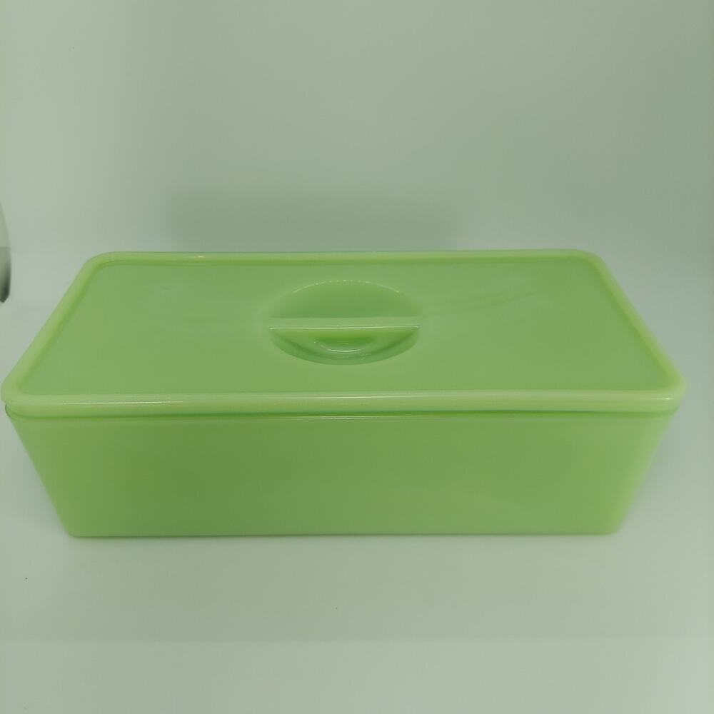 Rare Vintage Uranium Jeannette Jadeite Glass Refrigerator Box With Lid 4in X 8in